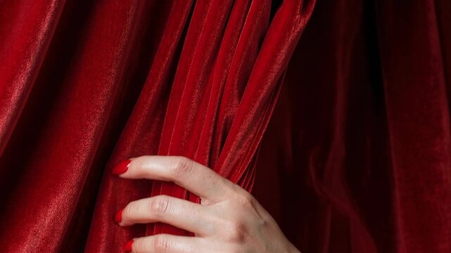 Woman's hands with red nails parting a luxurious red velvet curtain on stage. A close-up shot of a woman's hands with vibrant red nails gently pulling back a rich red velvet curtain