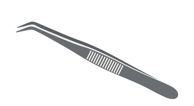Professional curved tweezers vector illustration, stainless steel medical forceps icon, precision surgical tool for laboratory and beauty use, isolated metal pincers on white background