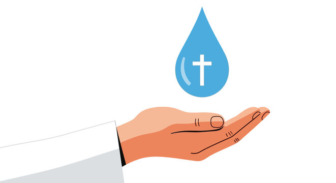 Christian baptism water drop with cross icon over open hand, religious holy water blessing vector illustration, spiritual church sacrament and faith symbol on white background