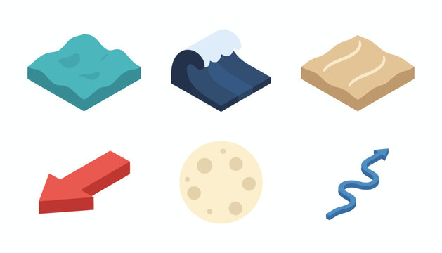 Isometric nature icons set with ocean waves and sand dunes. Vector 3d landscape elements including sea water, desert terrain, moon, and arrows. Modern flat map icons for UI design.
