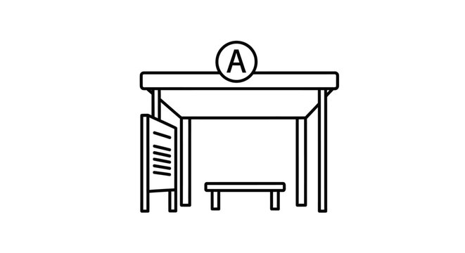 Minimalist bus stop icon with letter A sign, modern public transport station vector illustration, urban transit shelter with bench and timetable board, simple line art city infrastructure.