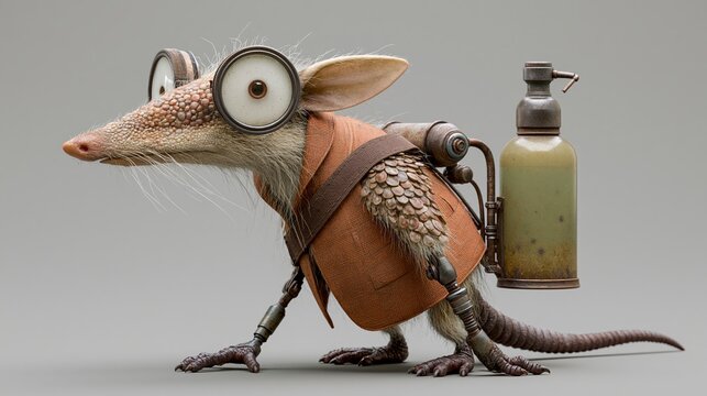 Cartoon-style anthropomorphic shrew character wearing glasses and a brown vest, equipped with a backpack and a small gas canister, standing on a plain background