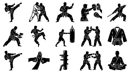Obraz premium Martial Arts Sports Training, Fighting Techniques Equipment Black Silhouette Glyph Icons Collection
