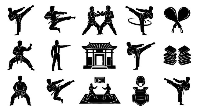 Black and White Silhouettes of Martial Arts Karate Fights and Training