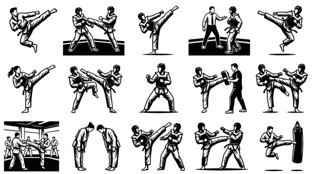 Black and White Line Art Vector Illustrations of Taekwondo Martial Arts Poses and Training