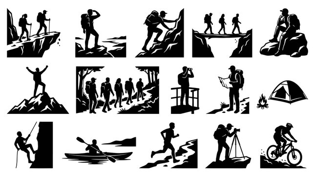 Outdoor Recreation Adventure Silhouette Glyphs: Hiking, Climbing, Kayaking, Cycling, Camping, Explorers