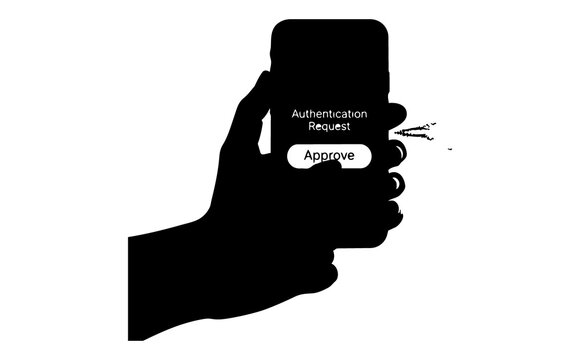 Silhouette of hand holding smartphone with authentication request on screen and approval button