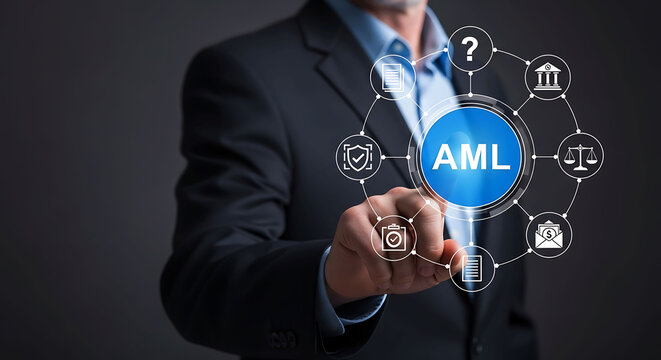 AML Anti Money Laundering compliance concept with businessman touching virtual icon