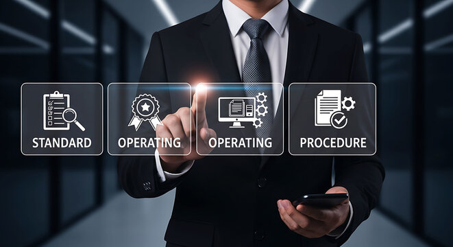 Standard Operating Procedure SOP Concept with Businessman and Digital Icons