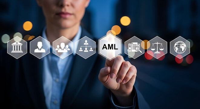 Anti Money Laundering AML Compliance Concept with Businesswoman and Digital Icons