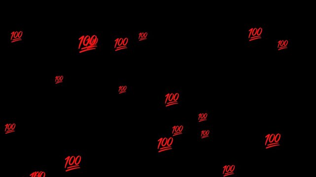 100 percent mark Multiple red handwritten 100 symbols animation with alpha channel, scattered perfect score marks on transparent background, social media reaction overlay, floating approval emoji