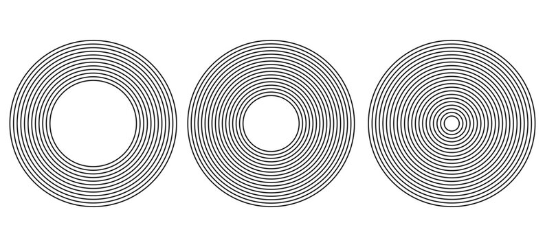 Black concentric circle set. Sonar or sound wave ring collection. Dotted and linear epicentre, target, radar icon concept. Ripple radial signal or vibration elements. Vector line and halftone symbols