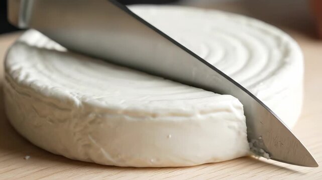 Sharp knife cutting a round soft cheese on a wooden board. Process of slicing cream cheese for breakfast or snack preparation in the kitchen. Culinary sequence.