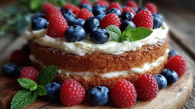 Two layer naked vanilla sponge cake with whipped cream and fresh raspberries blueberries and mint for bakery banner background and dessert menu