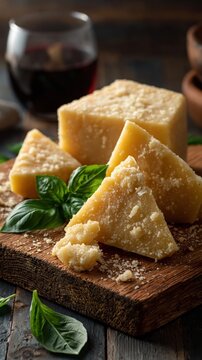 Parmesan cheese wedges with basil and grated crumbles beside a glass of red wine for national wine and cheese day food menu and poster