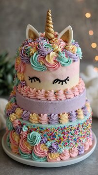 Three tier unicorn pastel celebration cake with gold horn multicolor buttercream swirls and sprinkles for kids birthday party table display