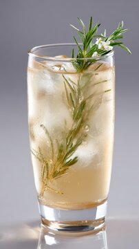 Refreshing ginger beer cocktail with rosemary garnish on ice in glass