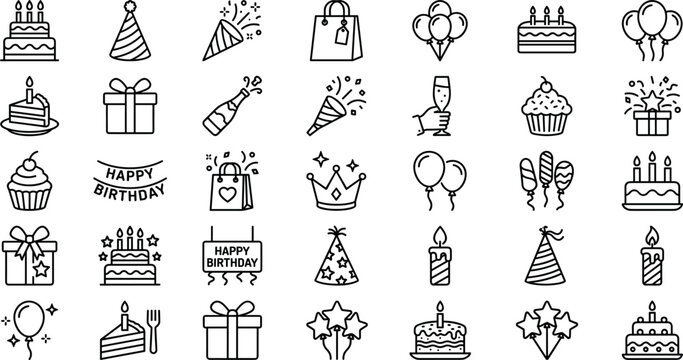 Hand drawn birthday party icon collection with cake balloons gifts cupcake hats and celebration doodle vector set