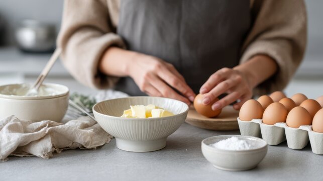Female preparing ingredients for baking with eggs and butter in kitchen