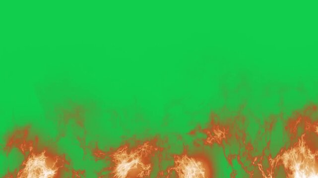 Clustered small fires animation on green screen chroma key background with realistic orange red flames burning intensely expanding horizontally for VFX video editing motion graphics professional 4k