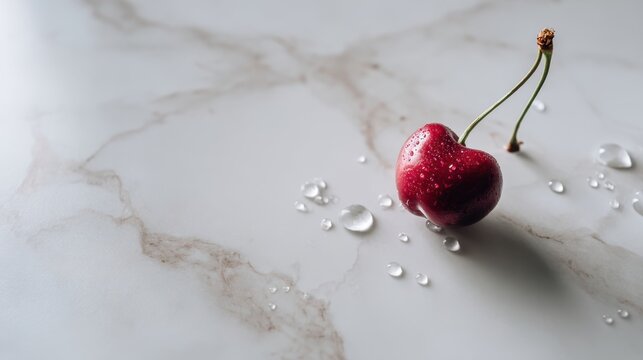 Fresh cherry on marble surface with water droplets