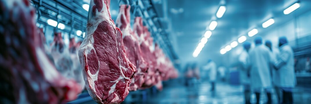 Industrial meat processing plant with hanging beef carcasses, factory workers, and bright fluorescent lights