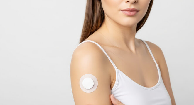 Young woman with long brown hair wearing a white tank top, showing a medical glucometer patch on her upper arm against a plain background
