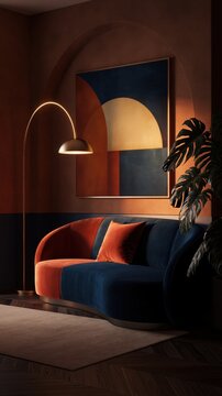 Contemporary terracotta and deep navy blue living room with curved velvet sofa and arch lamp for interior design background and decor styling