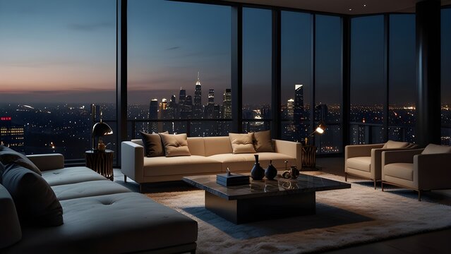 Elegant modern living room interior in luxury penthouse apartment with panoramic city skyline view at dusk