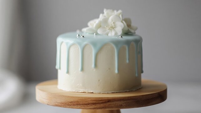 Minimalist small round cake with white whipped cream and pale blue drip frosting on wooden cake stand for dessert menu background and bakery design