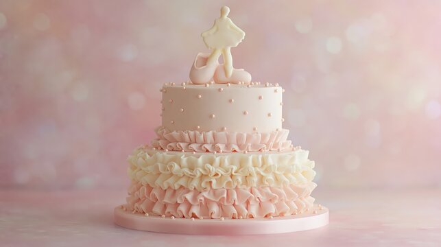 Delicate pink children cake two tier buttercream with ruffle layers and pearl dots for birthday background and party banner design