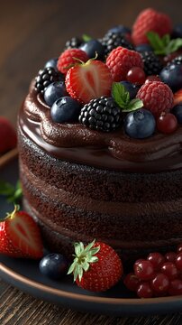 Rustic chocolate layer cake topped with fresh berries and glossy chocolate for seasonal dessert poster and food background