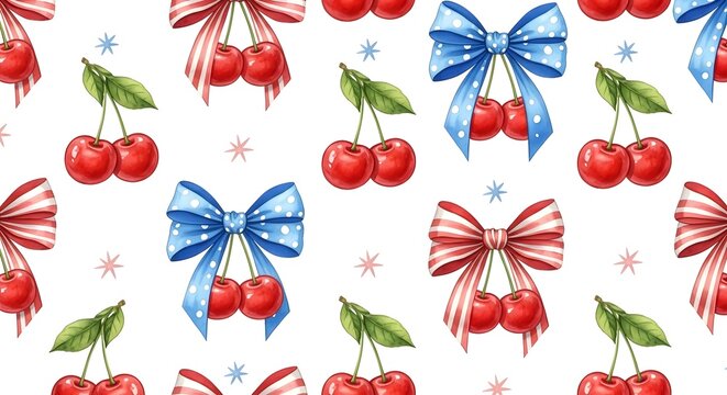Seamless pattern with cherries and patriotic bows with stars and stripes