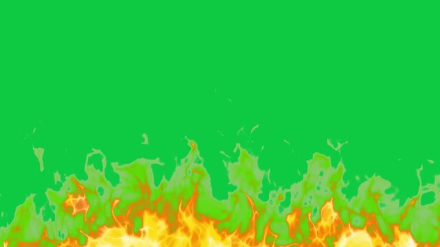 Grass like fire line animation on green screen chroma key background with realistic orange red flames burning intensely expanding horizontally for VFX video editing motion graphics professional 4k