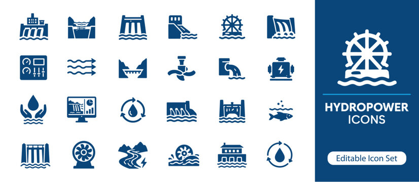 Hydropower Solid Icon Set, Renewable Energy and Water Electricity Icons for Sustainable Power Generation and Green Technology UI UX Design