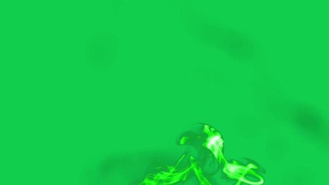 Green tinted small fire animation on green screen chroma key background with realistic orange red flames burning intensely expanding horizontally for VFX video editing motion graphics professional
