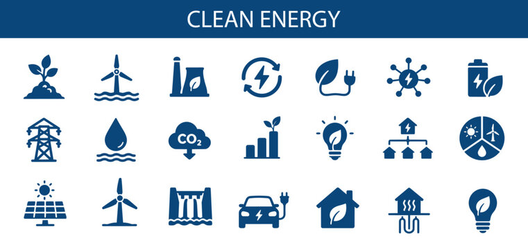 Clean Energy Solid Icon Set, Renewable Power and Sustainable Technology Icons for Green Electricity, Solar Systems and Eco Solutions UI UX Design