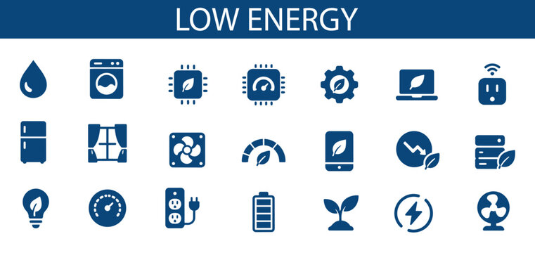 Low Energy Solid Icon Set, Energy Saving and Sustainable Power Icons for Efficiency Monitoring, Green Technology and Smart Systems UI UX Design
