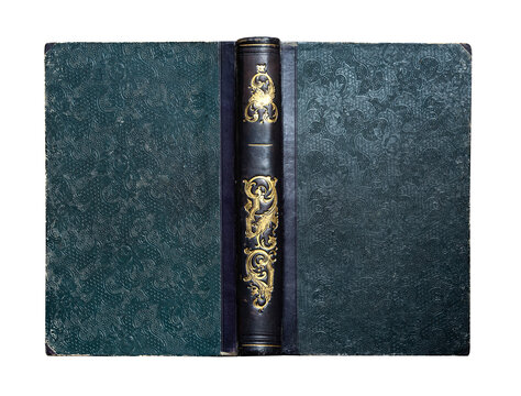 Antique hardcover book with an ornate decorative binding made of cloth and illustrated cardboard; featuring rich gold embossing. Isolated on a white background with elegant historic design. 