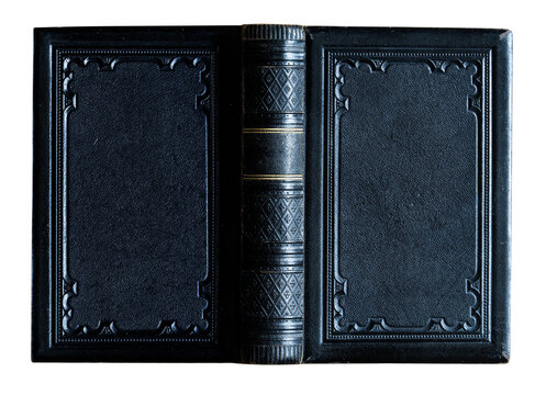 Antique black leather Bible with richly embossed cover and elegant gold detailing, isolated on a white background.  Ideal for themes of Christianity, religion, spirituality, faith, history . 