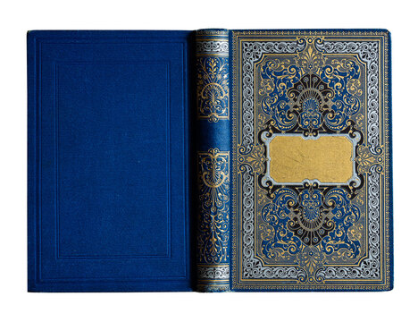 Antique hardcover book with an ornate decorative binding made of cloth and illustrated cardboard, featuring rich gold embossing and vivid colors. Isolated on a white background 
