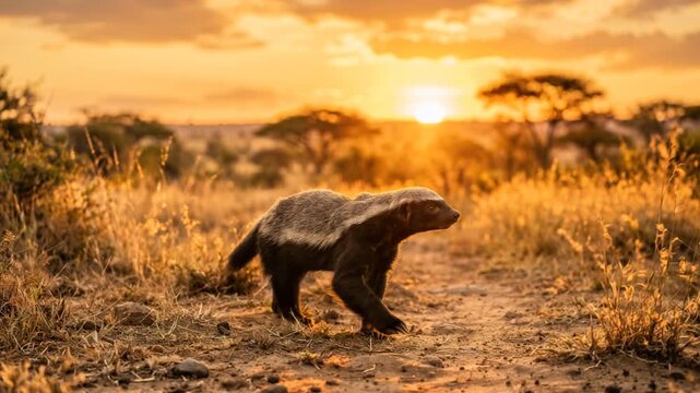 Honey Badger walking with golden hour behind