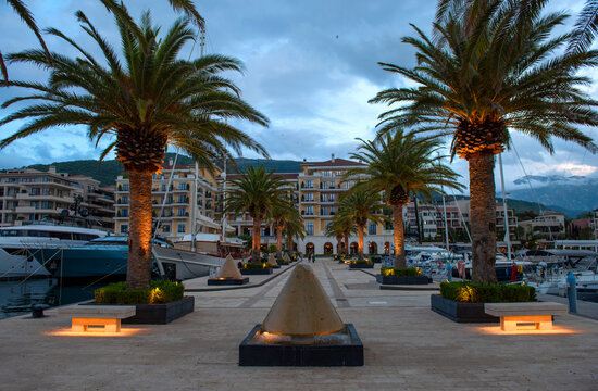 Evening panoramic view of the sea port of Montenegro.,Tivat. Luxury yachts and sailing boats in the port of Montenegro. Tivat. Kotor bay, Adriatic sea.
