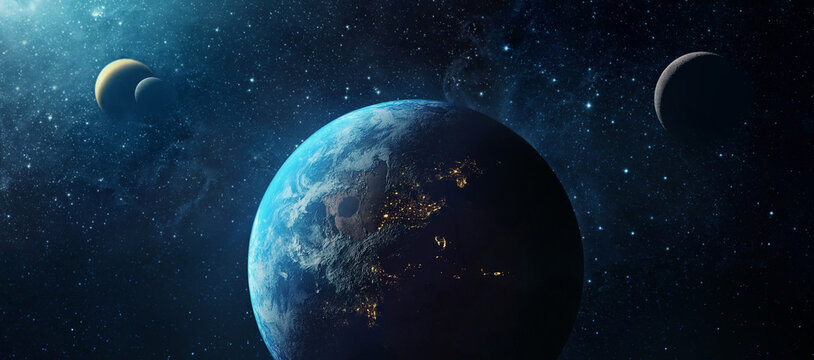 Panoramic view of the Earth, sun, star and planets solar system. Sunrise over planet Earth, view from space. Elements of this image furnished by NASA