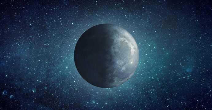 Moon in outer space against a starry sky, half illuminated and half in shadow. Elements of this image furnished by NASA