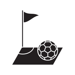 Solid vector icon of a football ball and corner flag on the pitch. Simple black silhouette illustration for sports match and soccer competition design. © Tetiana