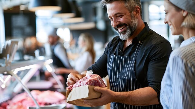 Freundlicher europ&auml;ischer Metzger ber&auml;t Kundin in moderner Fleischerei