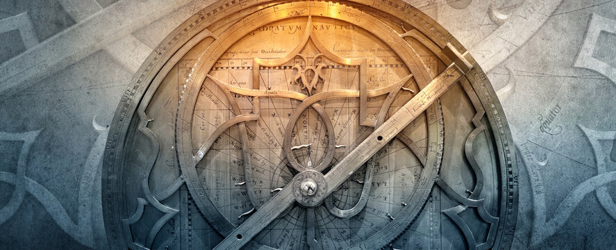 Ancient astronomical instruments on old background. Abstract old conceptual background on history, mysticism, astrology, science, etc. Retro style.