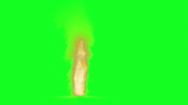 Thick smoke rising animation on green screen chroma key background with realistic orange red flames burning intensely expanding horizontally for VFX video editing motion graphics professional 4k
