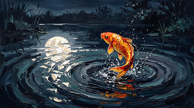 Single Koi Fish Breaking Surface of Dark Moonlit Pond &mdash; Minimalist Oil Painting